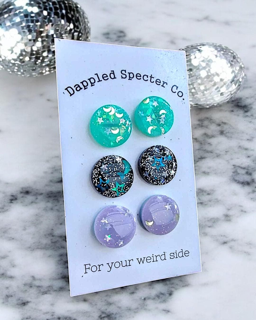 3 Pair Glitter Star Moon Stud Earrings- Fun Lightweight Earrings- Resin/Stainless Steel