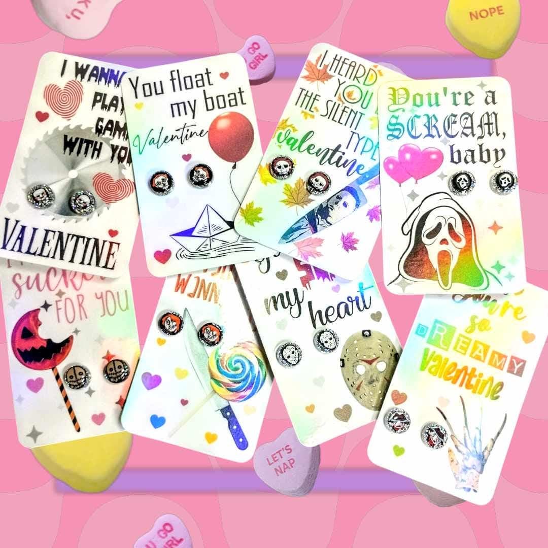 Horror Valentine Valloween Card Exchange Single Stud Earrings Set- Fun Lightweight Earrings-Stainless Steel