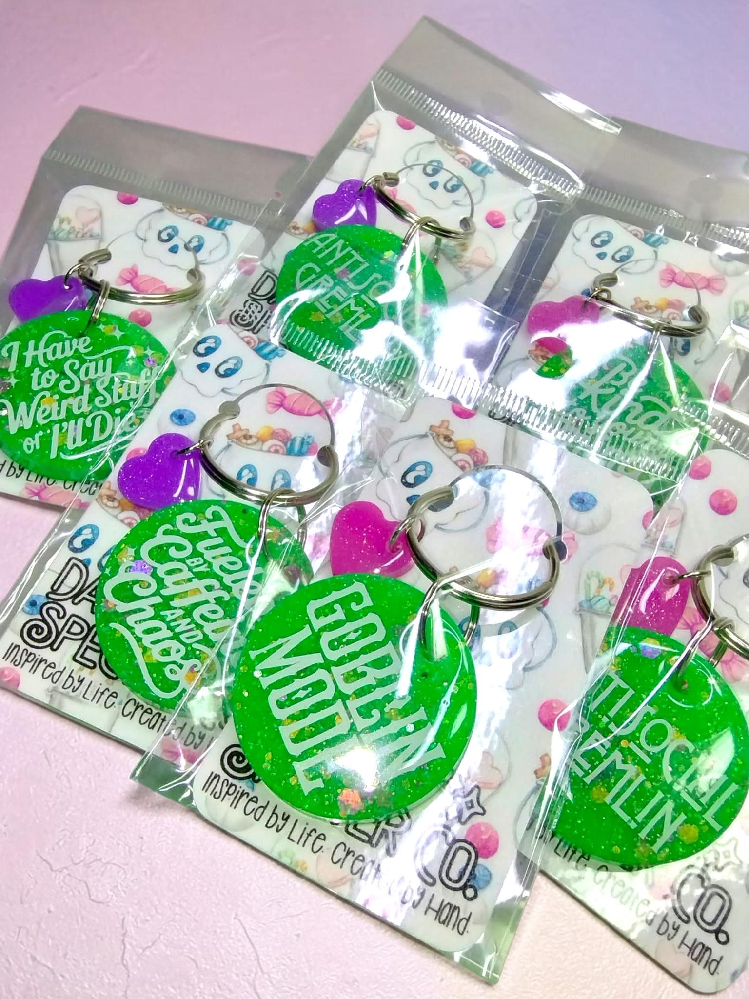 Lime Green Glitter Mix Keychains- Choose one of 5 Sayings