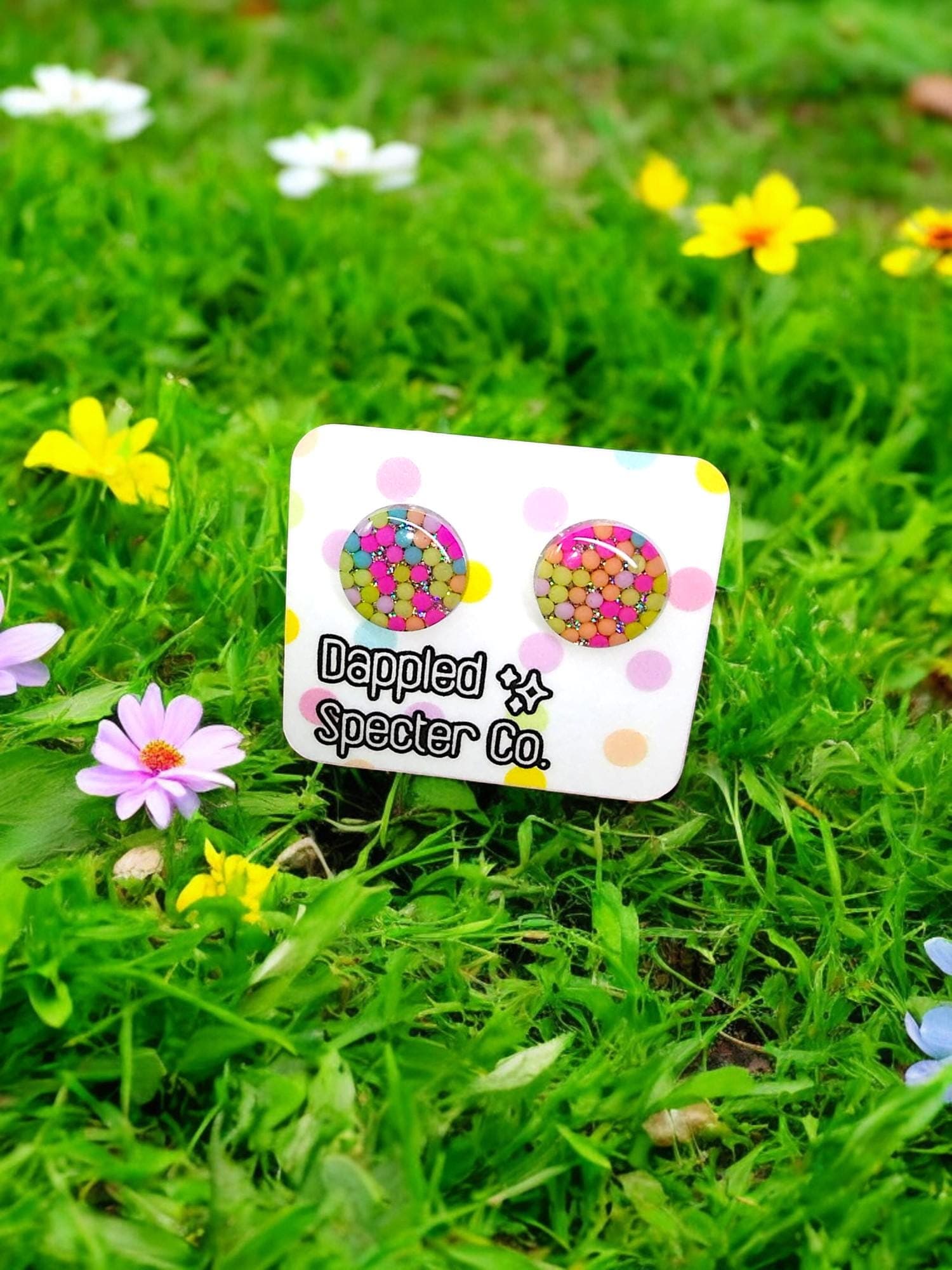 Multi Candy Color Faux Sprinkle Holographic Glittery Large Studs- Stud Earrings- Fun Lightweight Earrings- Resin/Stainless Steel