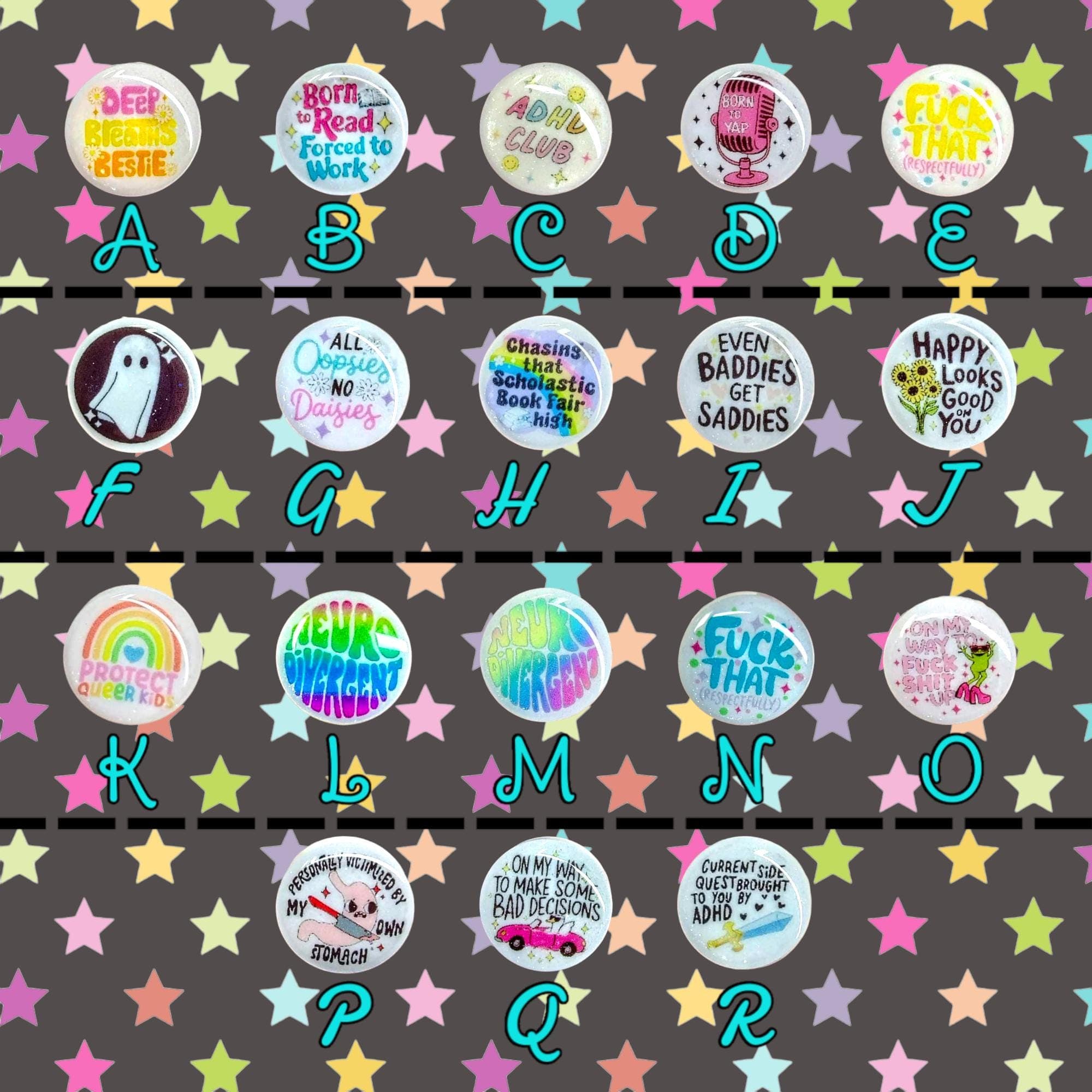 Teenie Pins (Styles E Funny/Trendy/ Mental Health/Neurospicy): Fun- Festival- Trade- Pin Trade- Choose your own