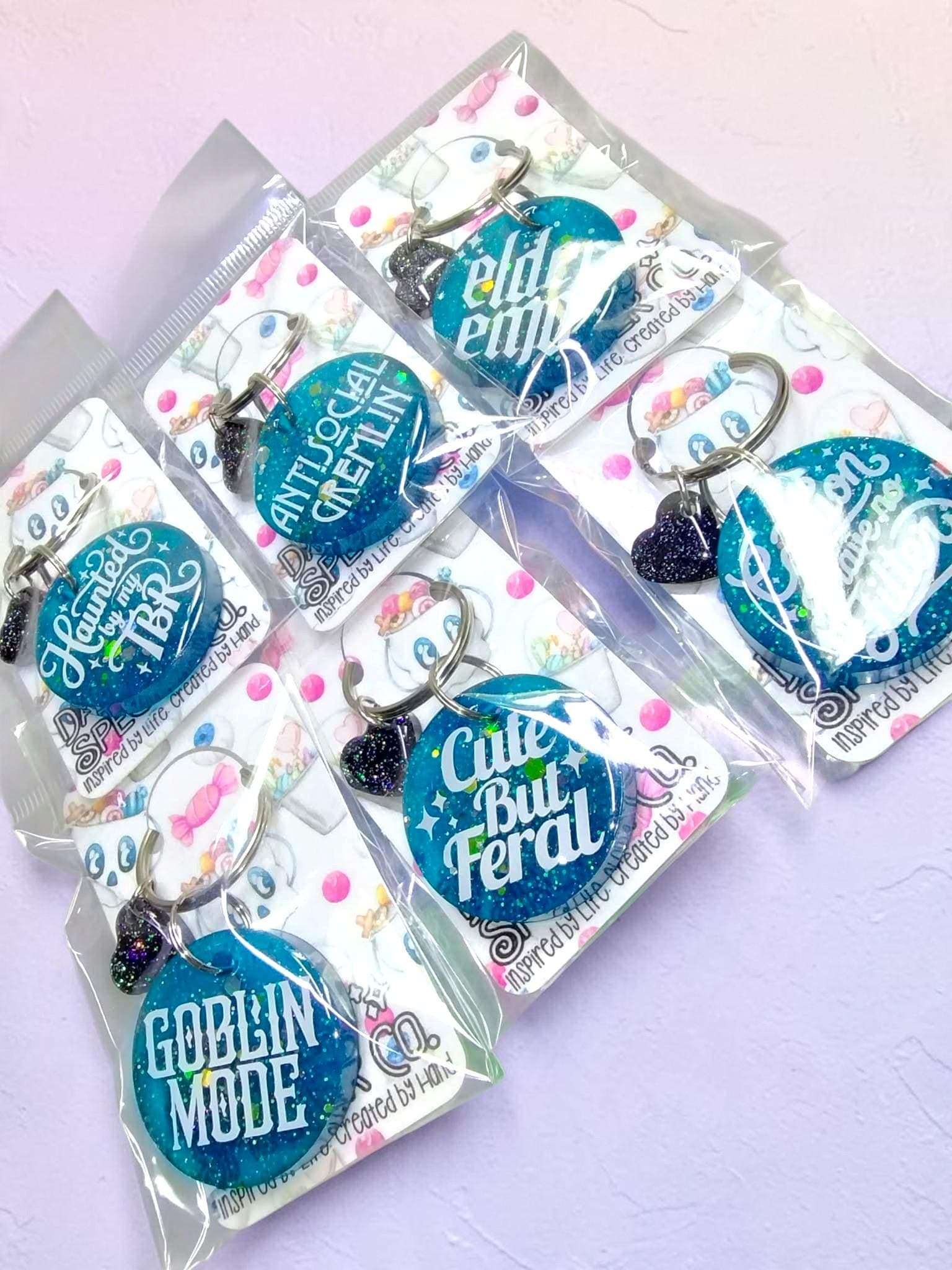 Translucent Teal Blue Glitter Mix Keychain- Choose from 6 Sayings