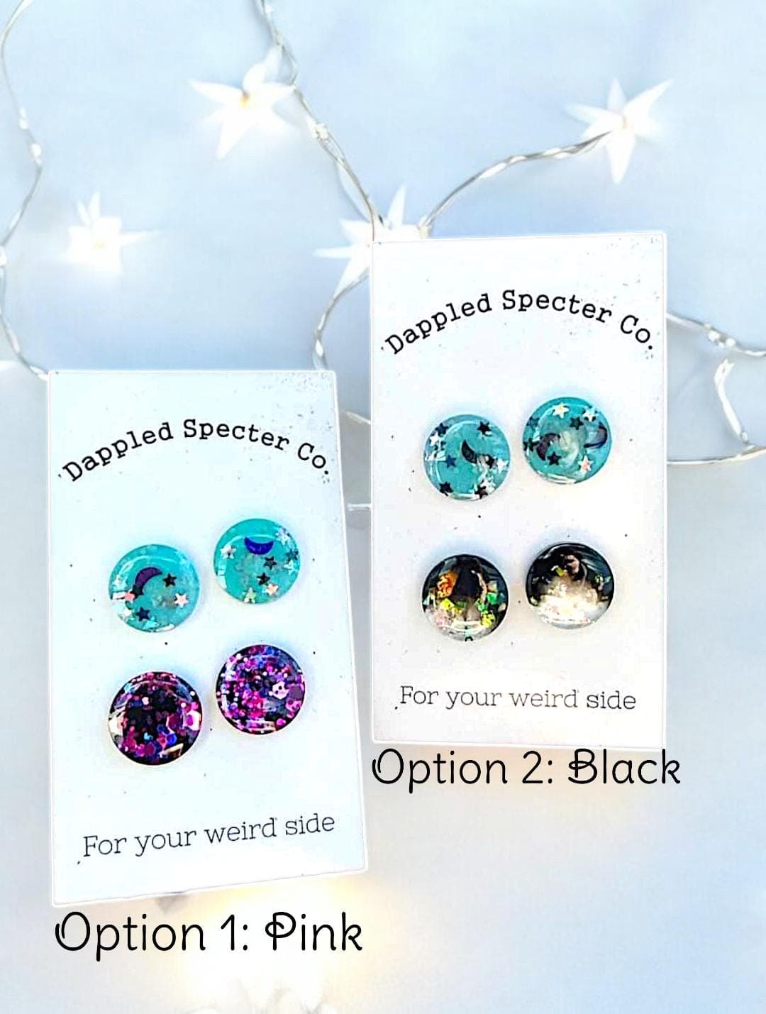 2 Pair GLOW Moon and Stars Stud Earrings with Pink Glitter OR Black Iridescent - Glow- UV Reactive Jewelry, Earrings- Resin/Stainless Steel