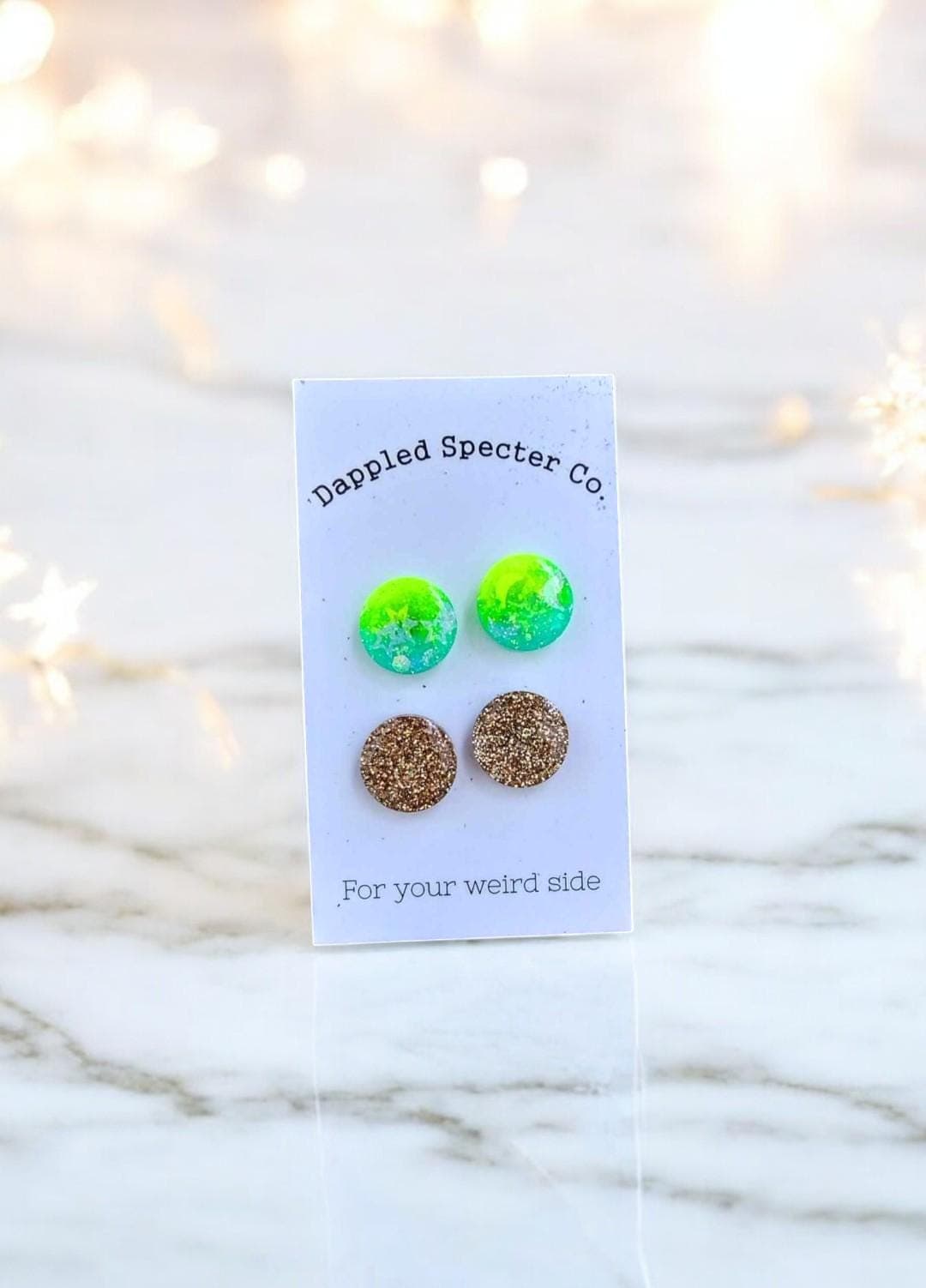 2 Pair Turquoise Neon Yellow Moon&Stars Iridescent Glitter and Rose Gold Stud Earrings- Fun Lightweight Earrings- Resin/Stainless Steel