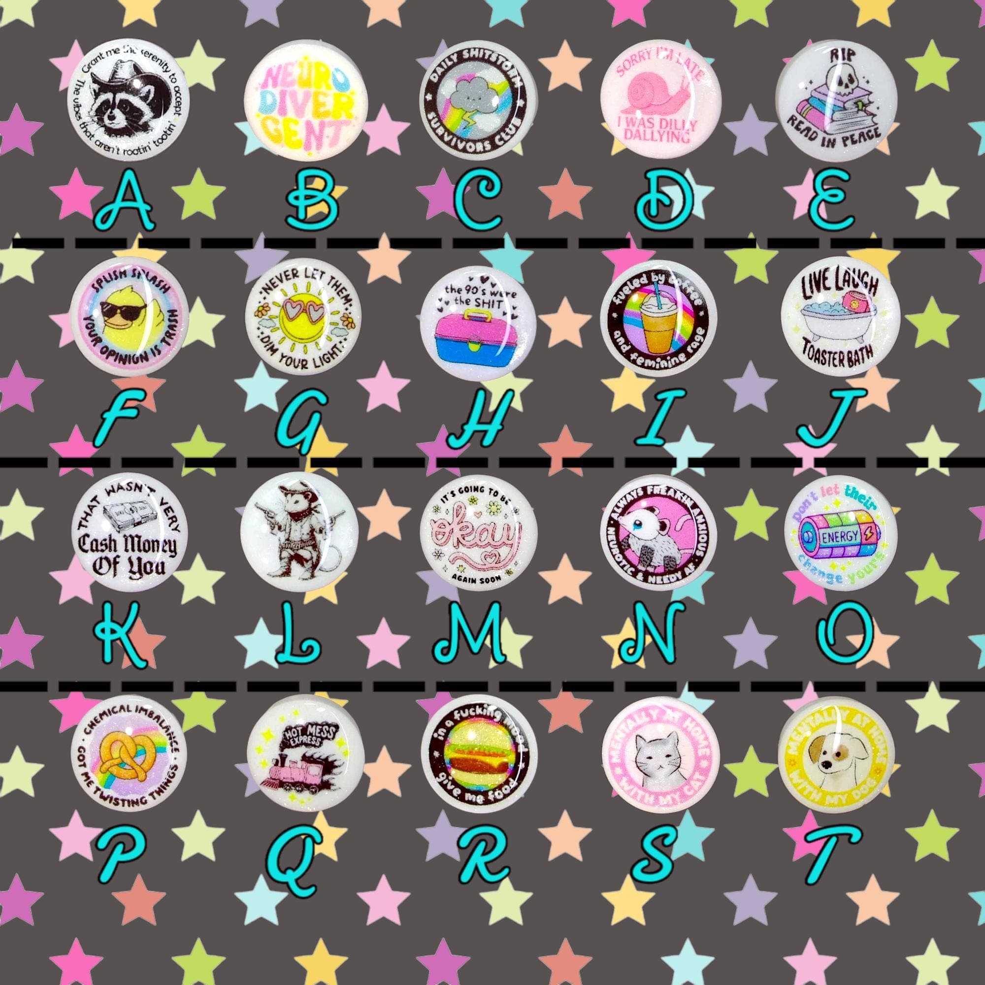 Teenie Pins (Styles F Funny/Trendy/ Mental Health/Neurospicy): Fun- Festival- Trade- Pin Trade- Choose your own