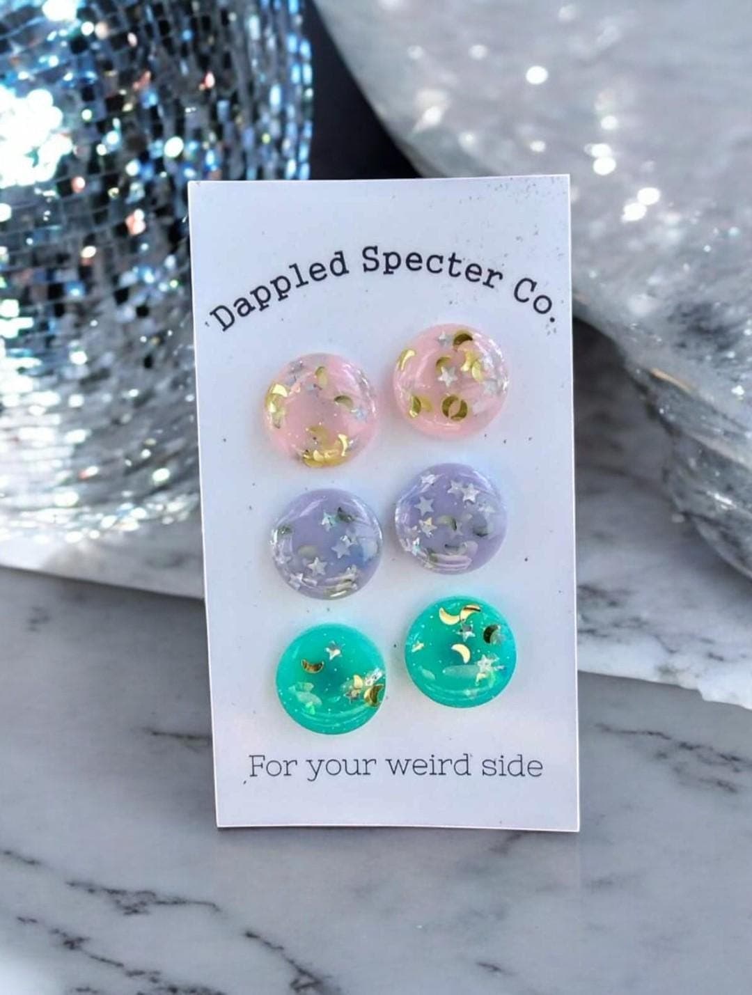 3 Pair Glitter Pastel Celestial Stud Earrings- Fun Lightweight Earrings- Resin/Stainless Steel