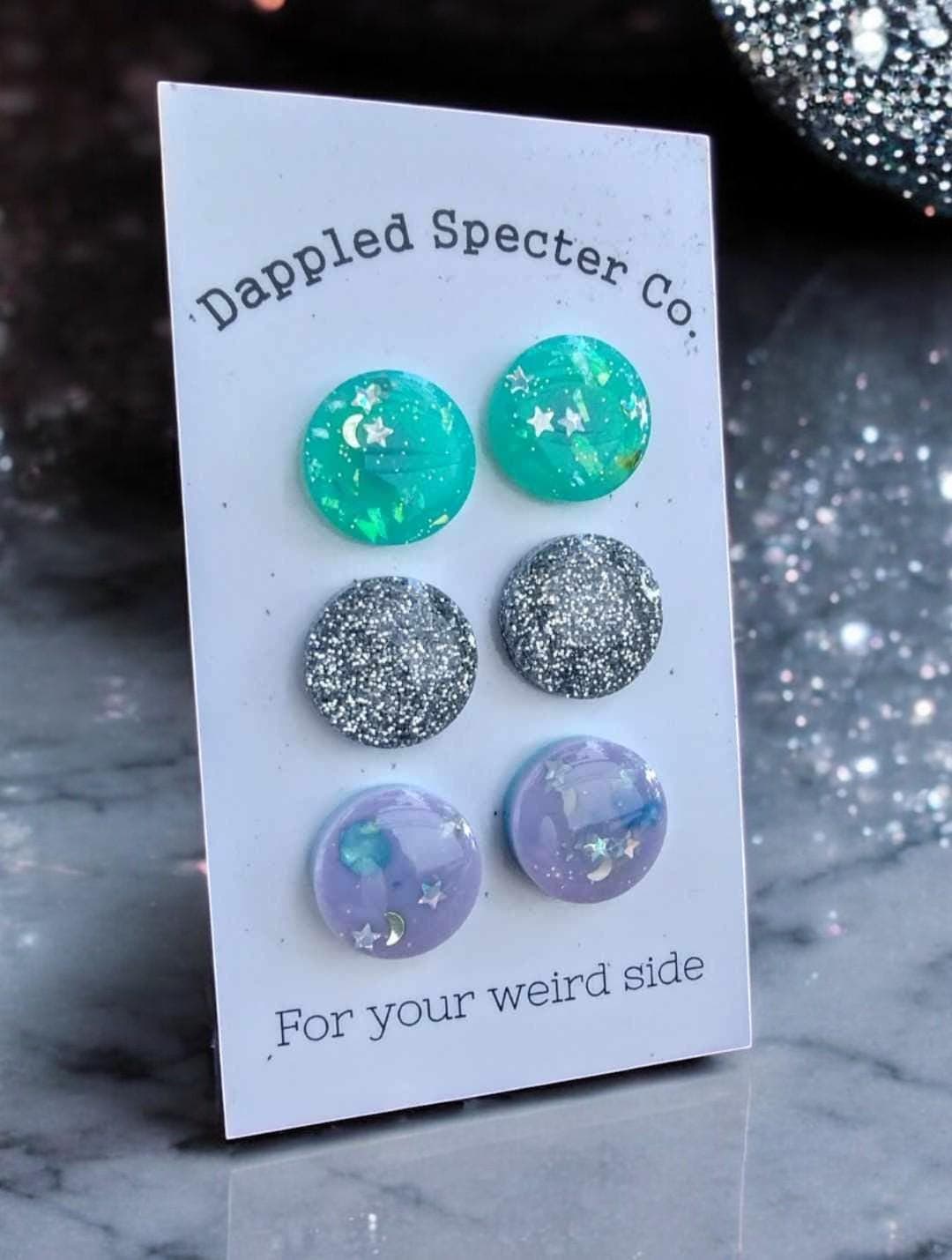 3 Pair Glitter Star Moon Stud Earrings- Fun Lightweight Earrings- Resin/Stainless Steel