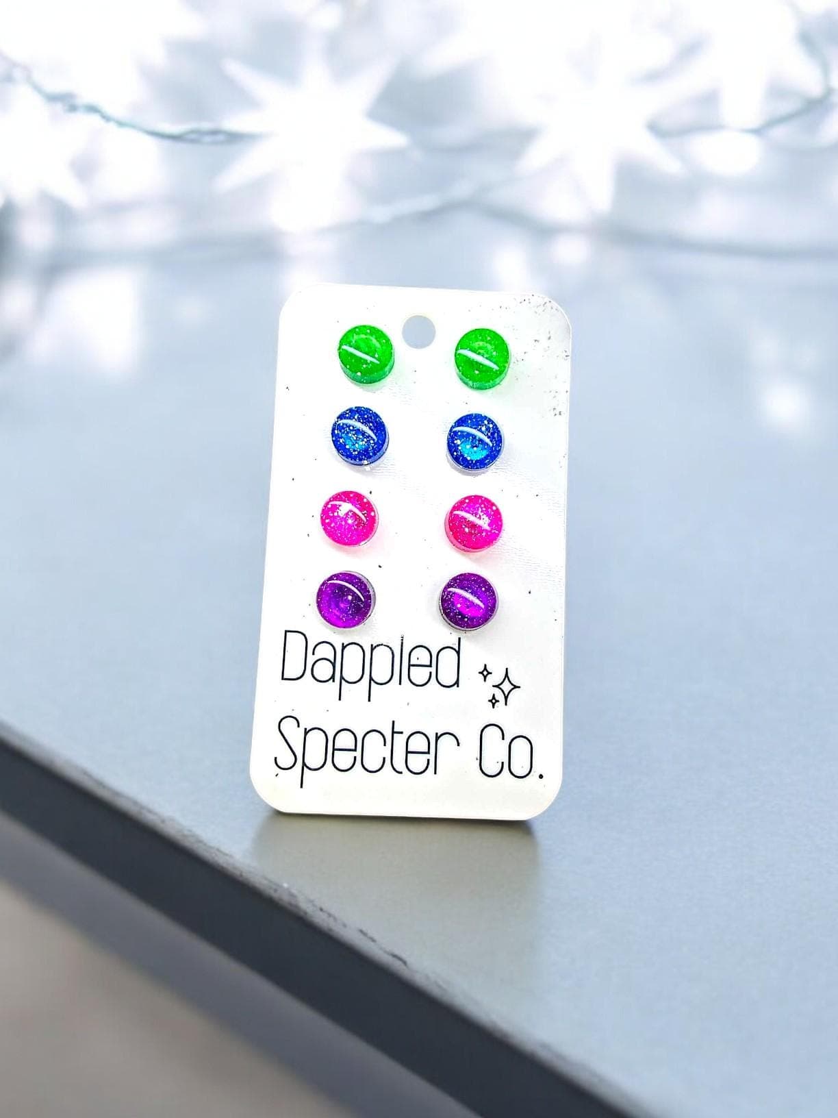 4 Pair Translucent Neon Glitter Jelly- Mini Studs Earrings- Fun Lightweight Earrings- Resin/Stainless Steel